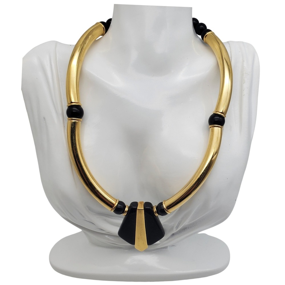 KJL Avon Choker Necklace Gold Black Modern Elegance 1980s Bib Collar Deco Style